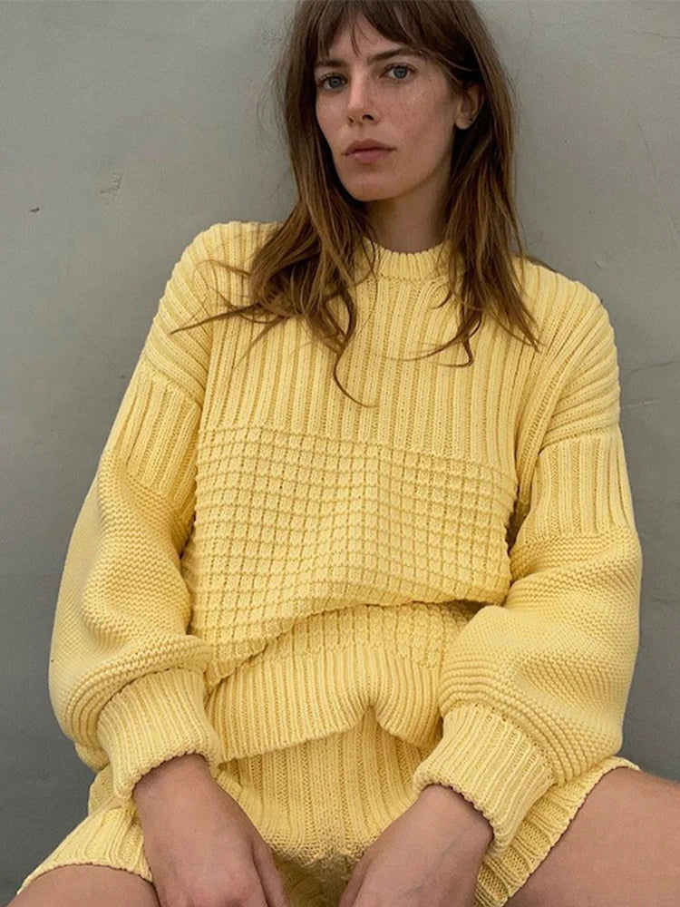 Solid Knit Shorts Sweater Suit