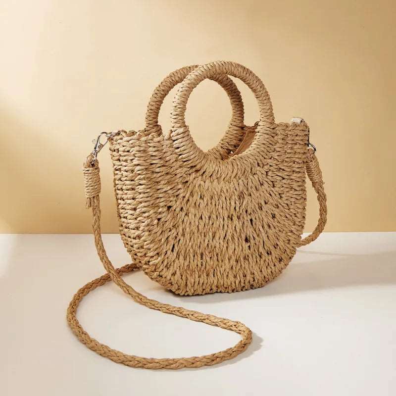 Handwoven Straw Rattan Half-Moon Beach Handbag