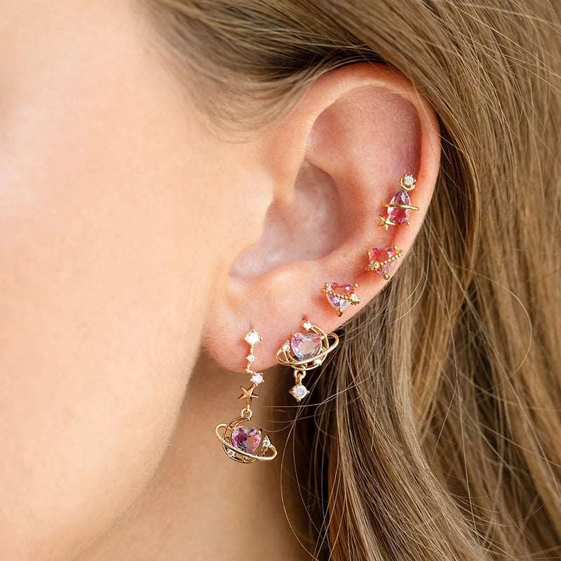 5PCS Exquisite Pink Zircon Cute Heart Earrings Set