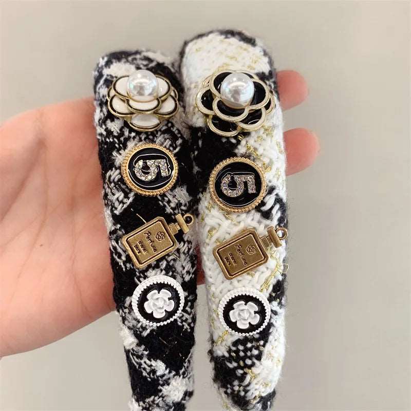 Black White Camellia Embroidery Women Hairband