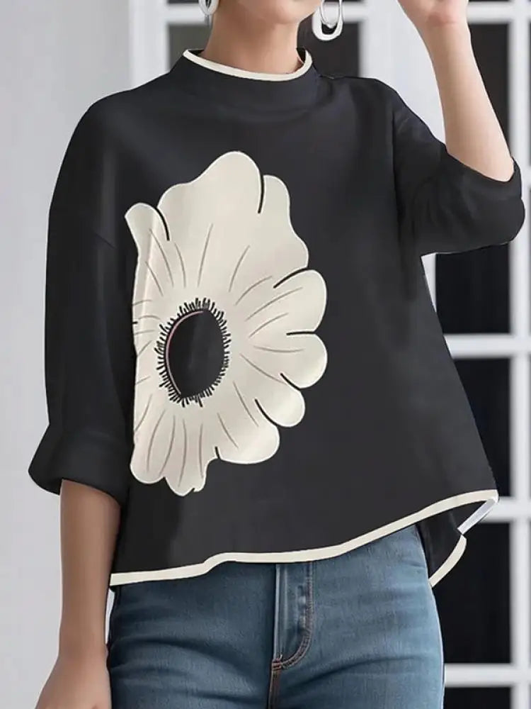 Flower Printed Mock Neck T-Shirt