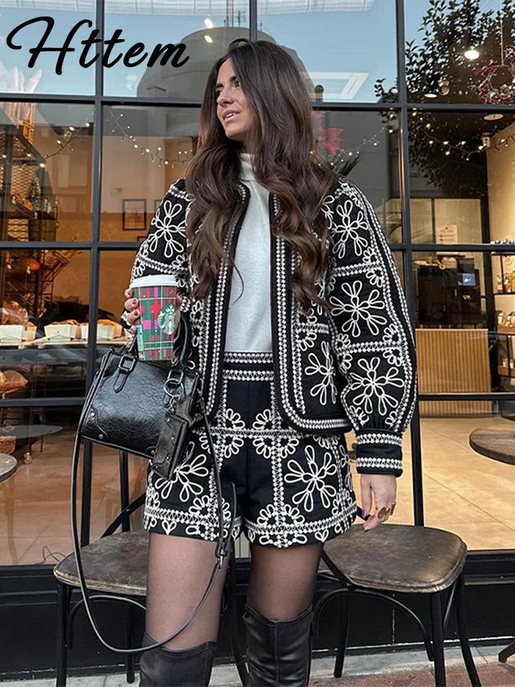 Casual Printed Jacket Shorts Set