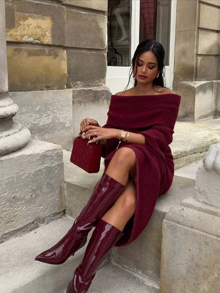 Red Wine Off Shoulder Knitted Maxi Dress