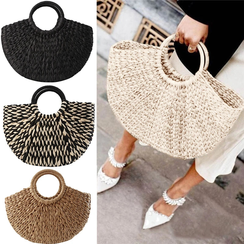 Women Handbag Rattan Wicker Straw Woven Half-round Bag