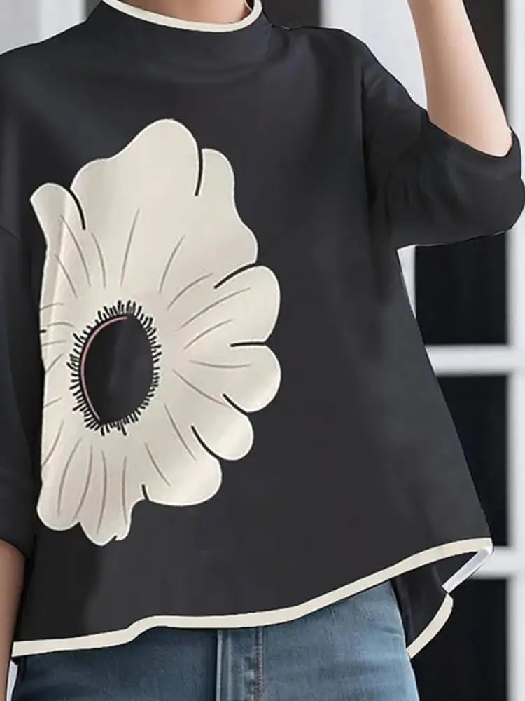 Flower Printed Mock Neck T-Shirt