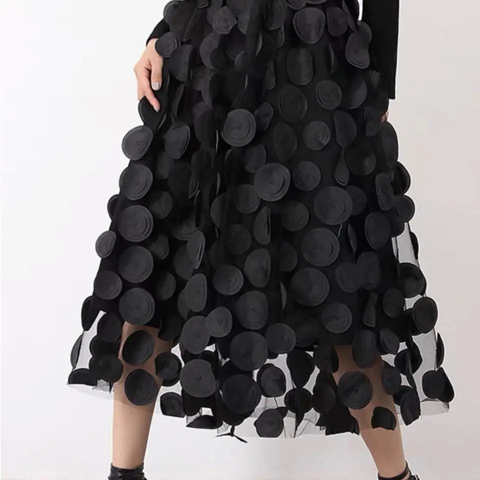 Retro Black Elegant Round Dot Mesh Long Skirt