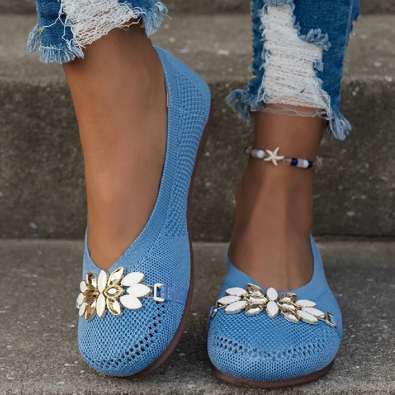 Mesh Rhinestone Flower Loafers