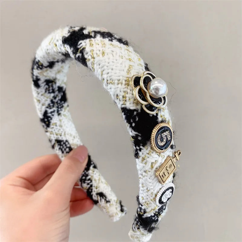 Black White Camellia Embroidery Women Hairband