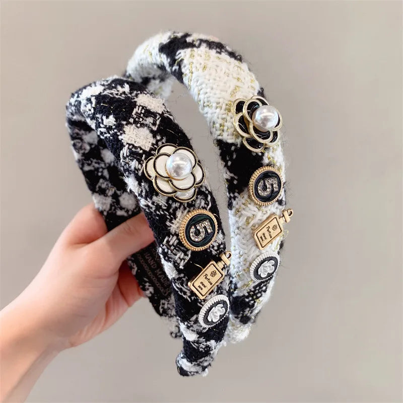 Black White Camellia Embroidery Women Hairband