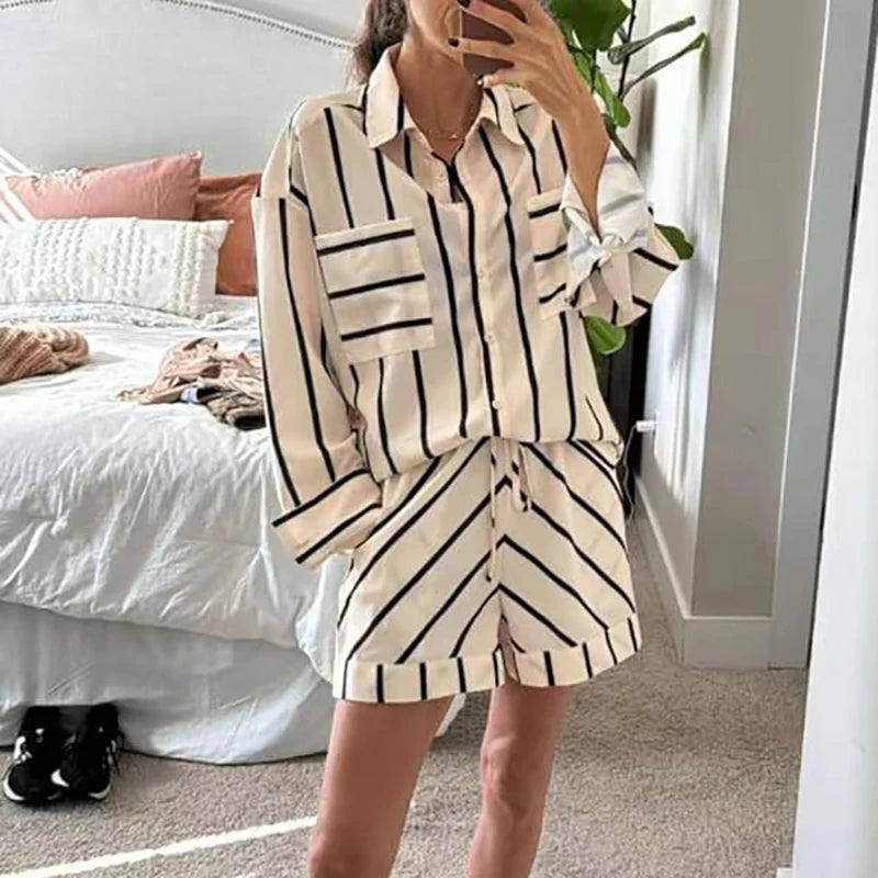 Striped Print Two Piece Outfit Shirts & Shorts