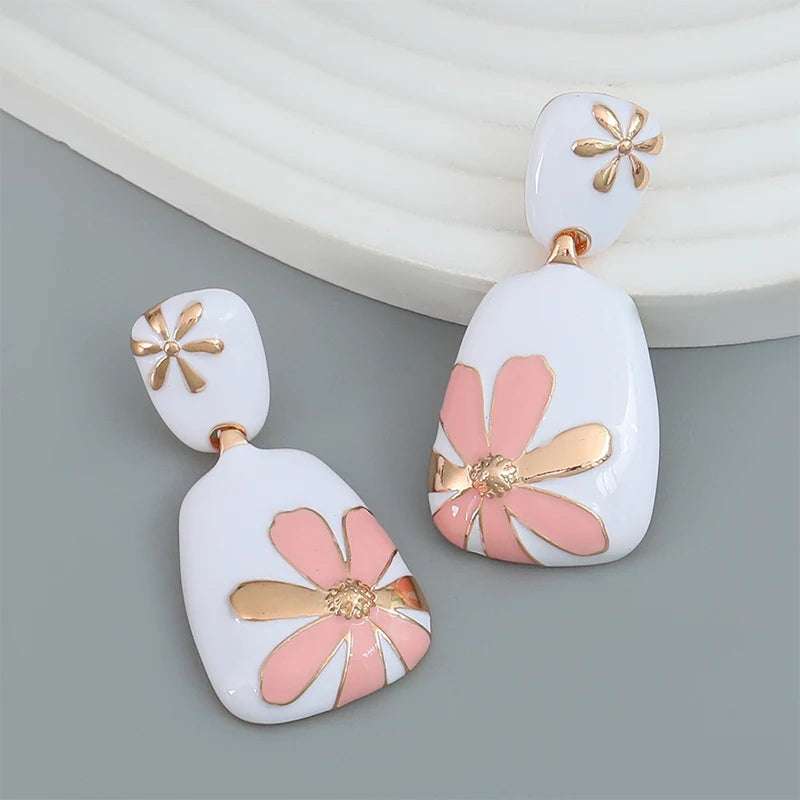 Enamel Flower Metal Dangle Post Earrings