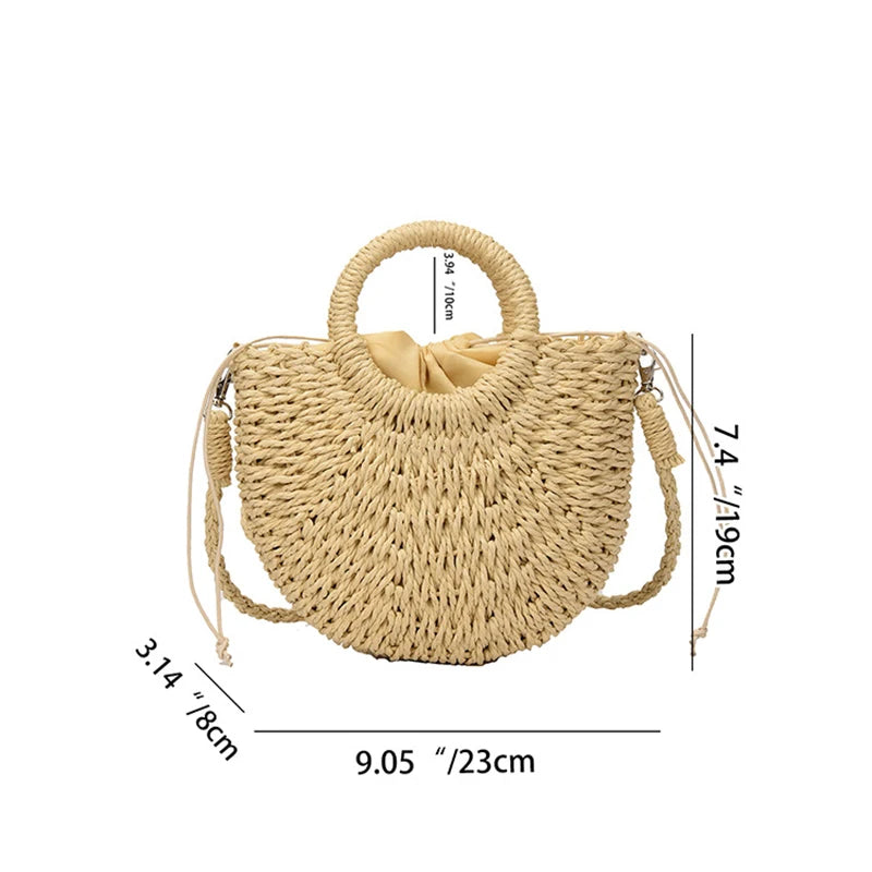 Handwoven Straw Rattan Half-Moon Beach Handbag