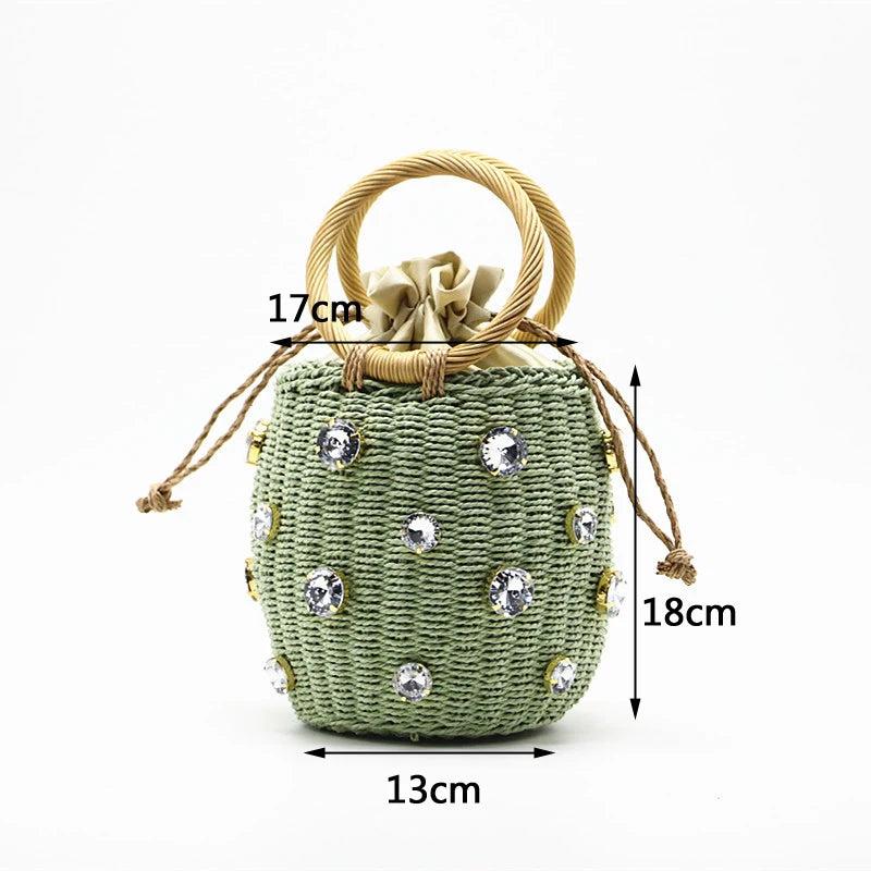 Handmade Rhinestone Crystal Embellished Straw Bag