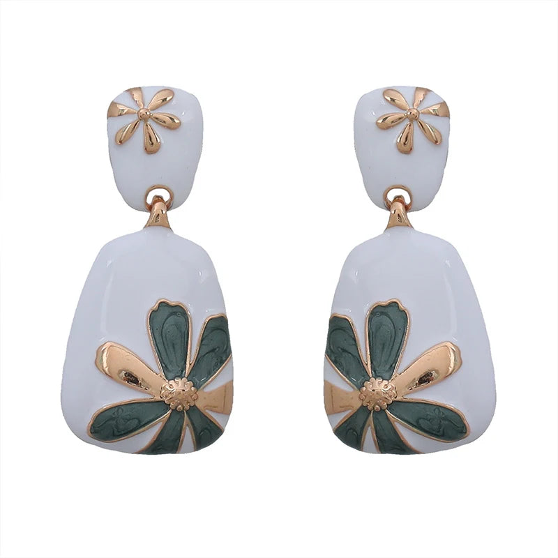 Enamel Flower Metal Dangle Post Earrings