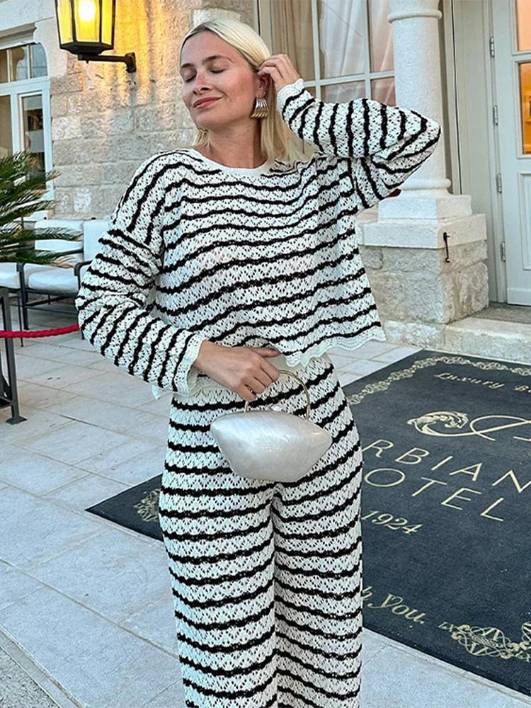 Casual Striped Knit  Pants Suit