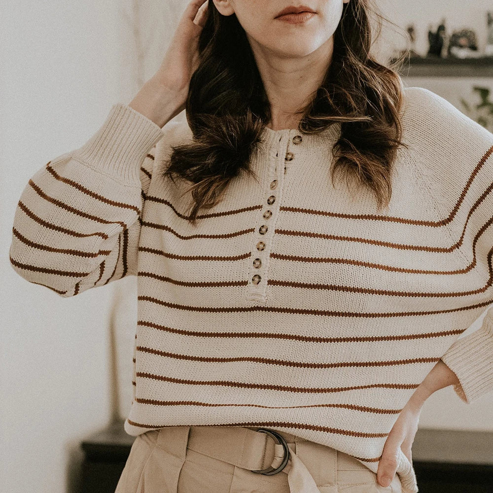 Stripe Jacquard Knit Button Sweater