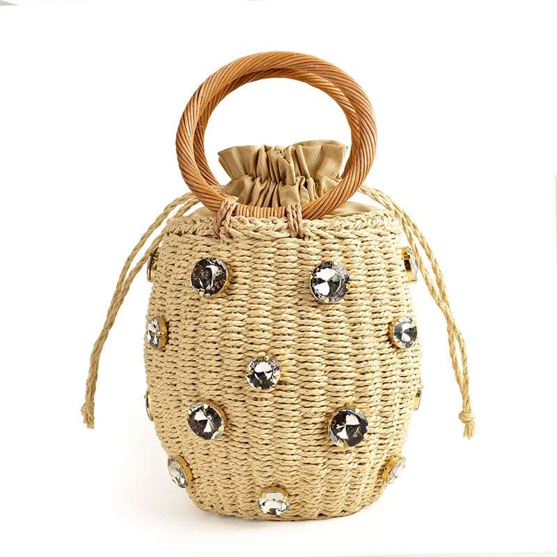 Handmade Rhinestone Crystal Embellished Straw Bag