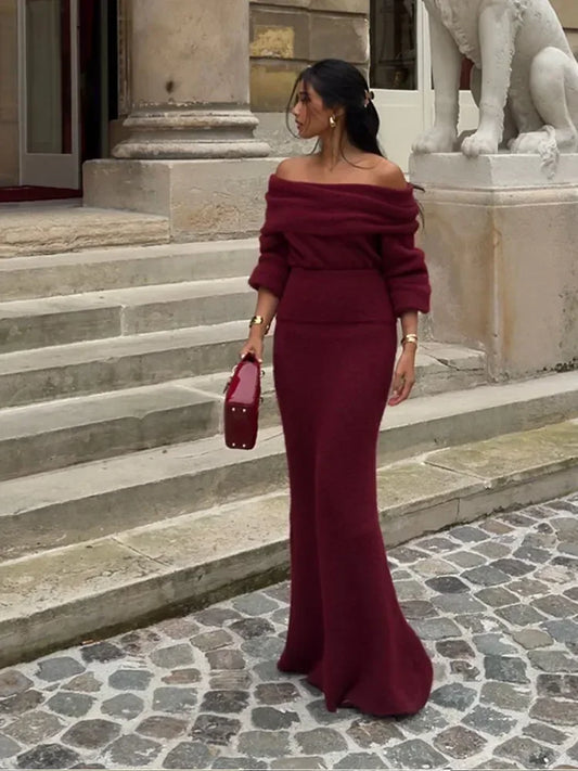 Red Wine Off Shoulder Knitted Maxi Dress