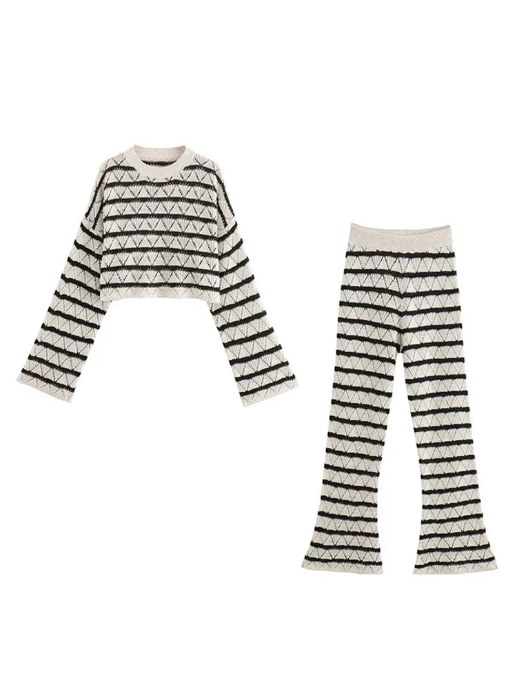 Casual Striped Knit  Pants Suit