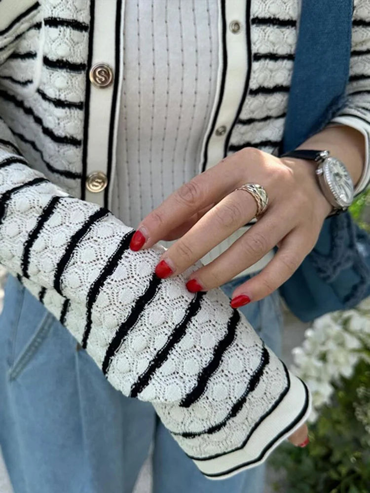 Knitted Striped Set Skirt & Single Breasted Cardigan