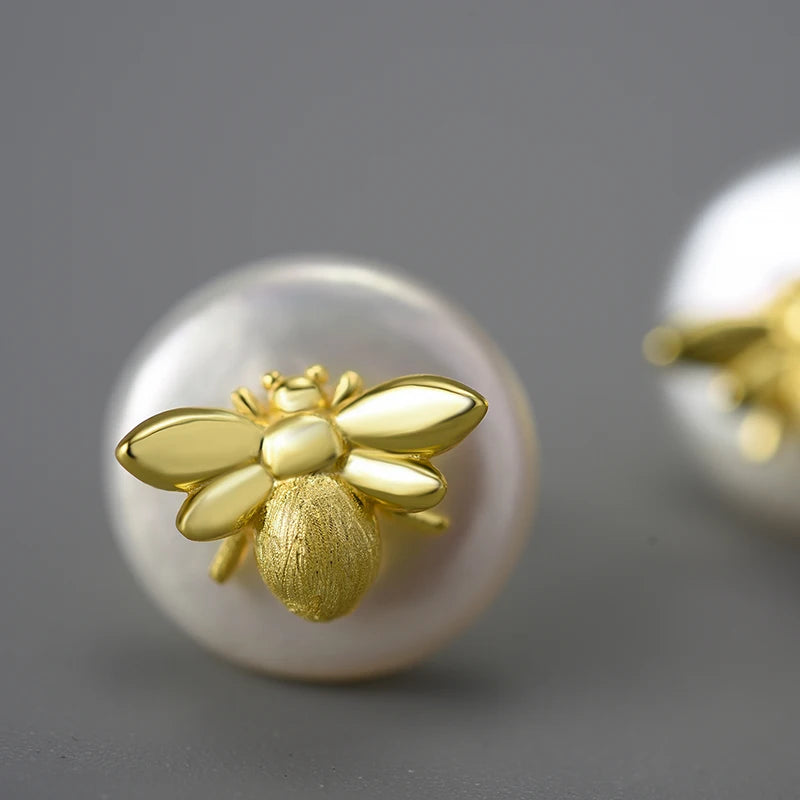 Lotus Fun Unusual Vintage Natural Baroque Pearl 18K Gold Bee Stud Earrings