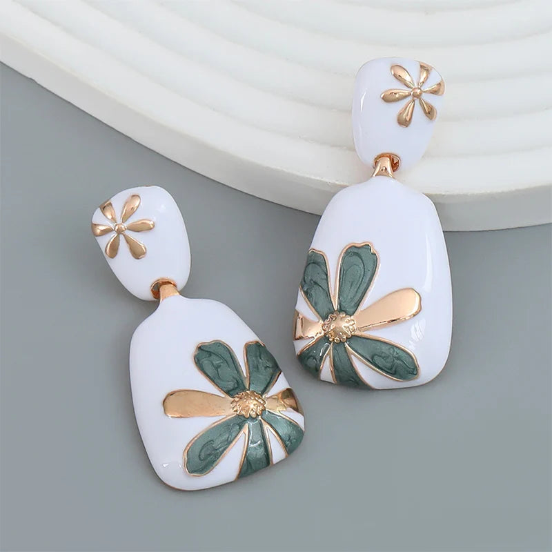 Enamel Flower Metal Dangle Post Earrings