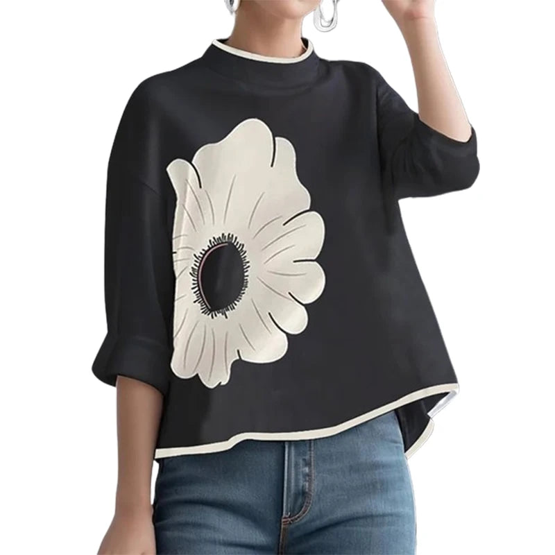 Flower Printed Mock Neck T-Shirt