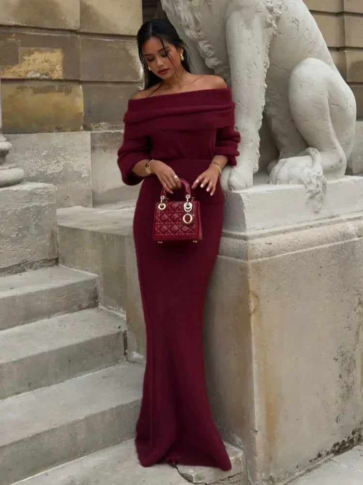 Red Wine Off Shoulder Knitted Maxi Dress