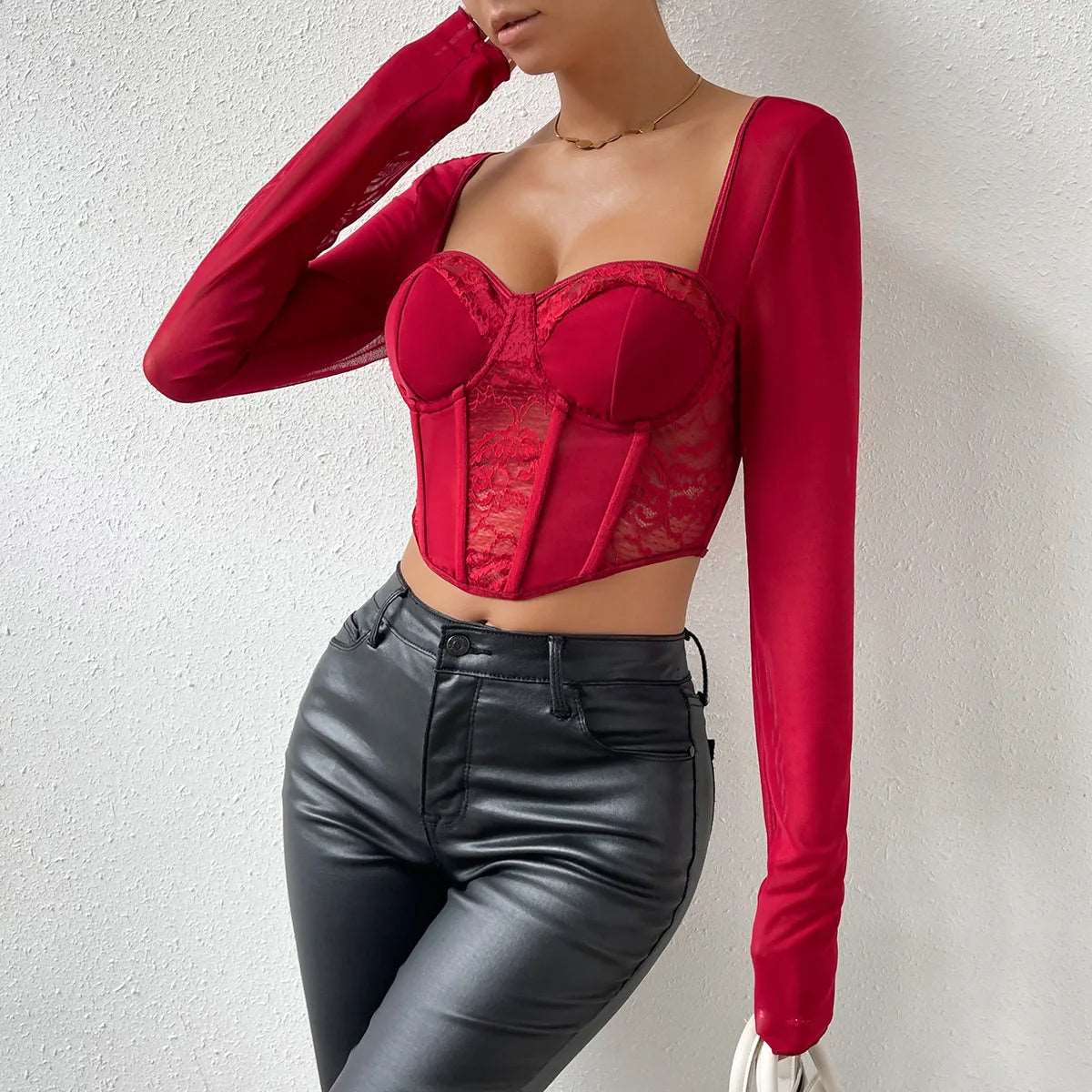 Chic Sexy V Neck Long Sleeve Mesh Crop Top