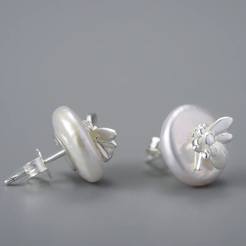 Lotus Fun Unusual Vintage Natural Baroque Pearl 18K Gold Bee Stud Earrings