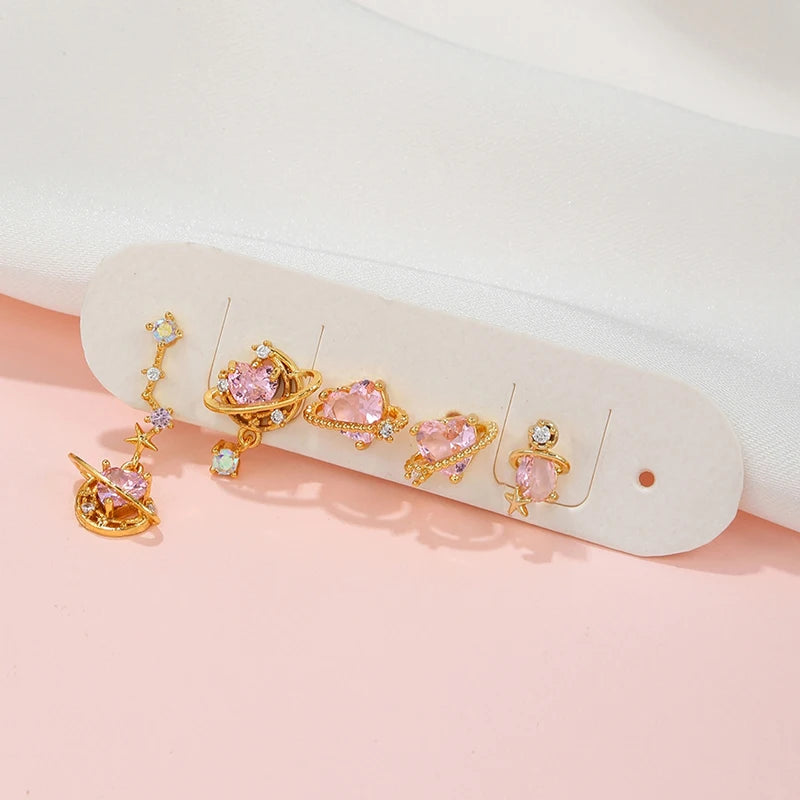 5PCS Exquisite Pink Zircon Cute Heart Earrings Set