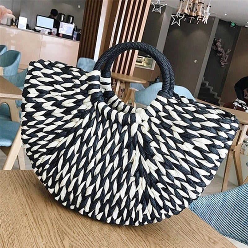 Women Handbag Rattan Wicker Straw Woven Half-round Bag