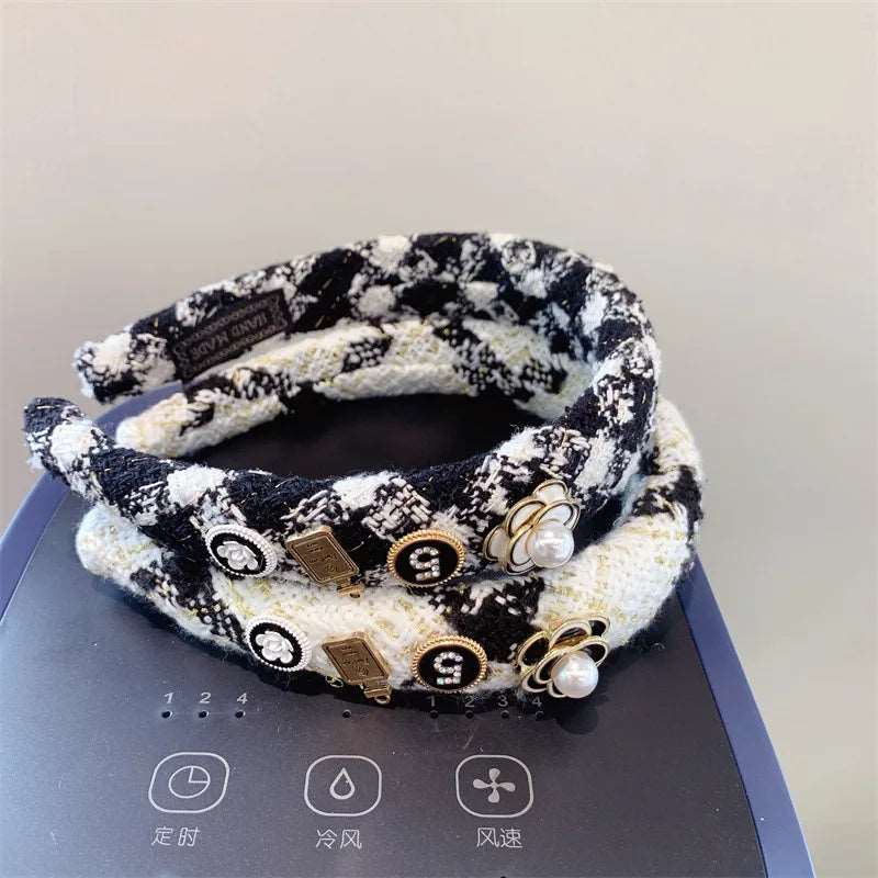 Black White Camellia Embroidery Women Hairband