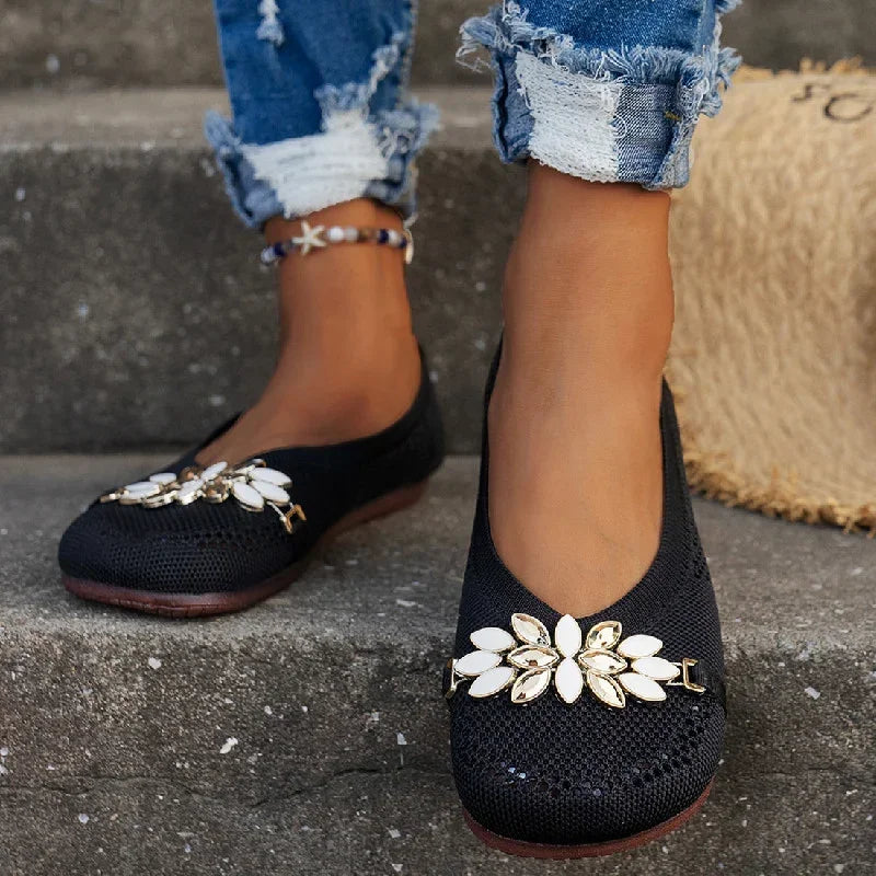 Mesh Rhinestone Flower Loafers