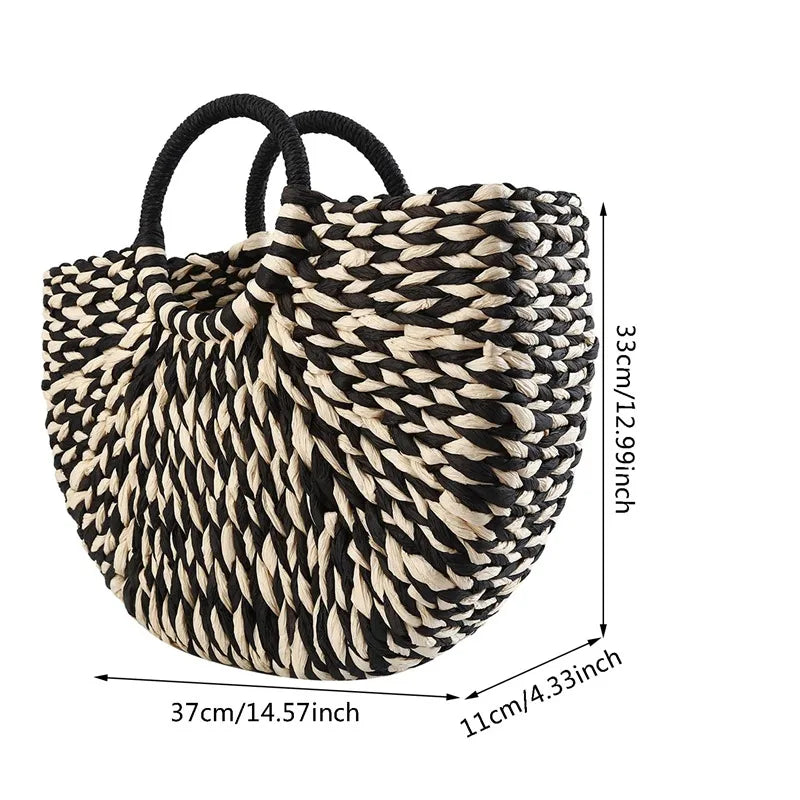 Women Handbag Rattan Wicker Straw Woven Half-round Bag