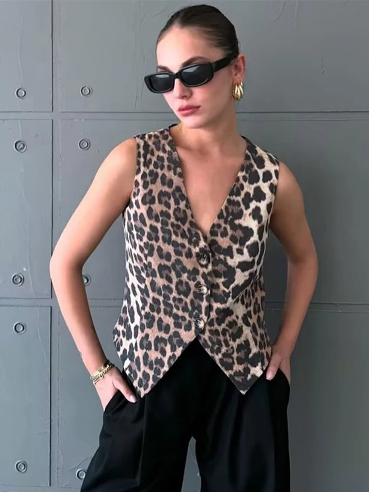 Leopard V-Neck Single-breasted Vest