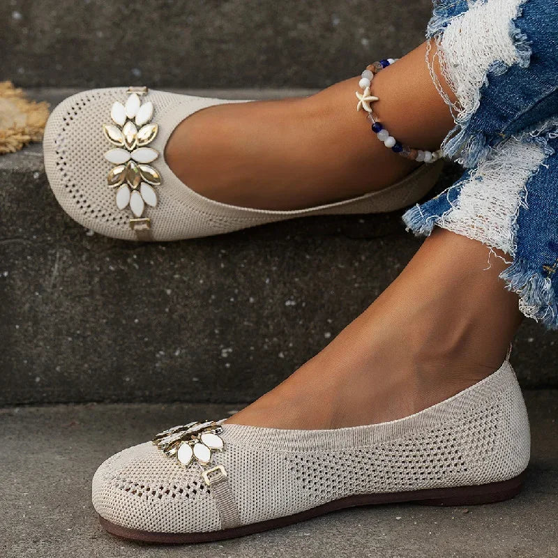 Mesh Rhinestone Flower Loafers